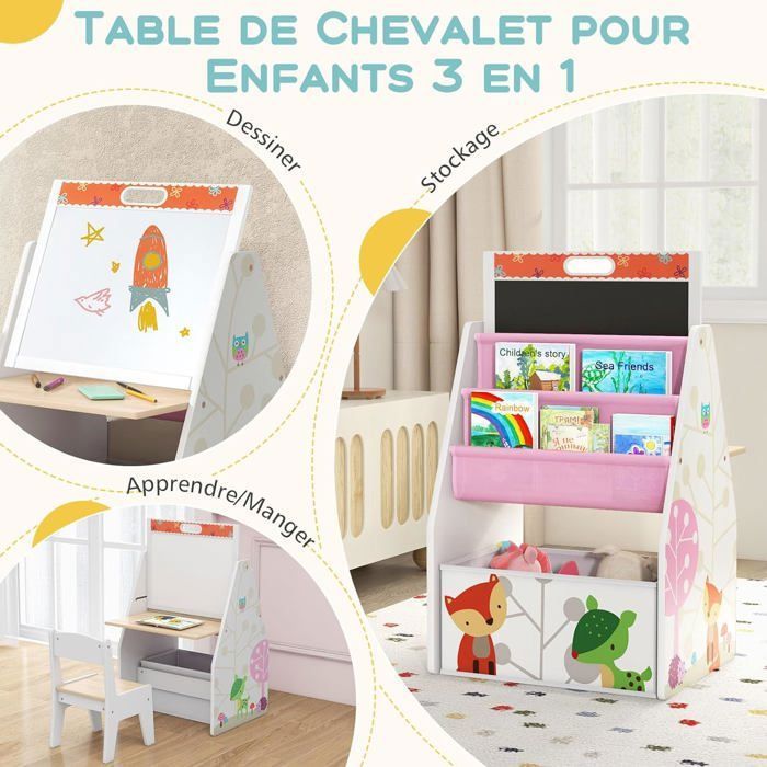GOPLUS Tableau Enfant pour Enfants-Tableau Blanc/Noir à Craie,Rouleau de Papier,avec Étagère,3 Pots et 2 Tiroirs en Tissu,Rose