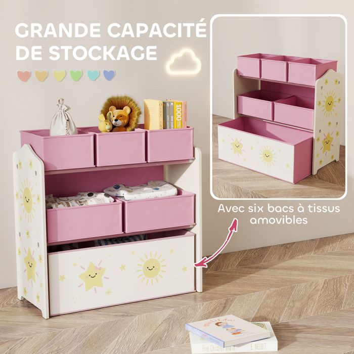 Meuble De Rangement Enfant ZONEKIZ 6 Boîtes Tissu - Organisateur Jouets Vert 63x30x66cm