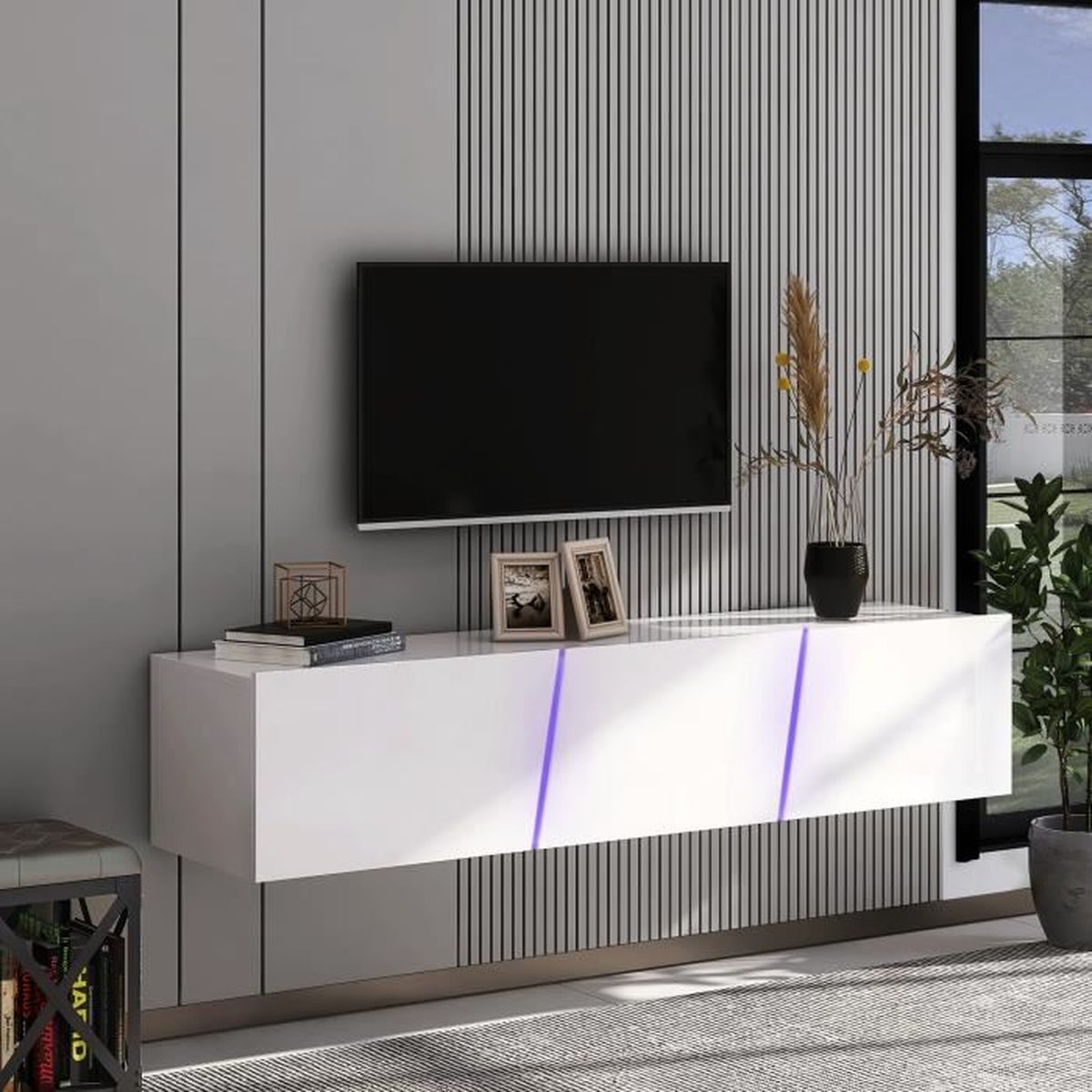 Meuble TV suspendu / Meuble de salon mural - 130cm - éclairage LED 16