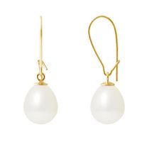 PERLINEA - Boucles d'Oreilles - Véritables Perles de Culture d'Eau Douce Poires 9-10 mm Blanc Naturel - Or Jaune - Bijoux Femme