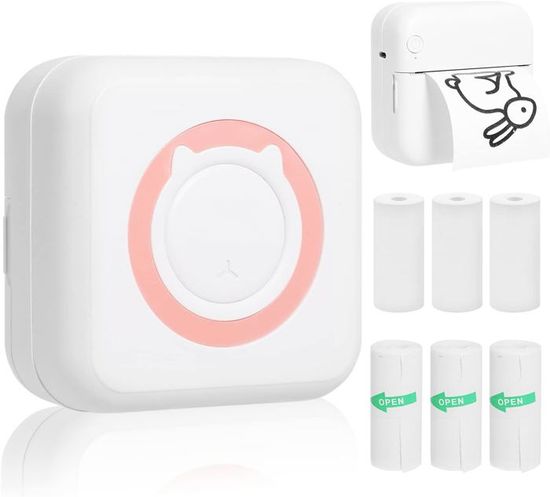 Imprimante Thermique Mini Portable Bluetooth - Avec 6 Rouleaux Papier Et Autocollants, Compatible Android/iOS, Rose