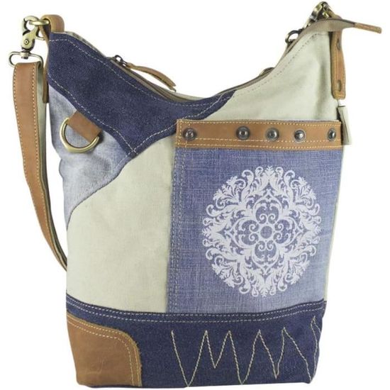 Sunsa - Sac Bandoulière Femme Toile Et Cuir | Style Vintage | 31-39x24x11cm