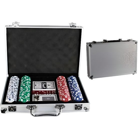 Mallette de poker professionnelle avec 200 jetons de 5 valeurs, 5 dés, distributeur de jetons et 2 jeux de poker · Set en aluminium solide