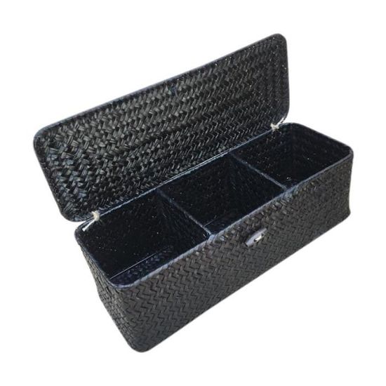 Boîte de rangement à 3 compartiments, panier en rotin et osier avec couvercle, porte articles diversobjet decoratif XPJ593
