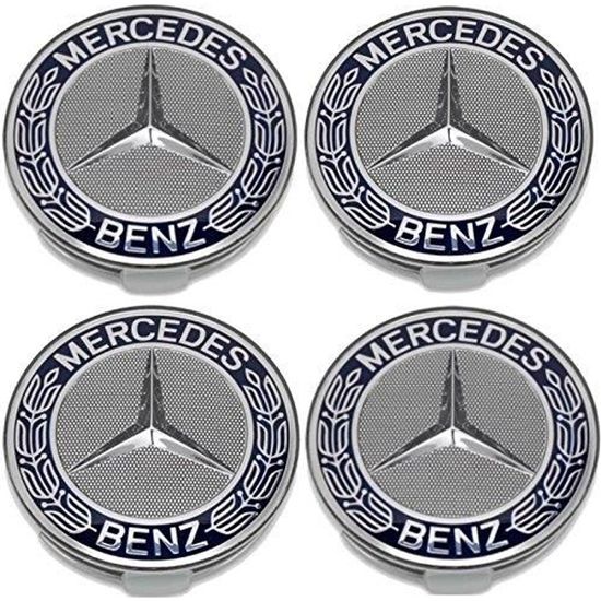 A1714000125 5337 Lot De 4 Caches Moyeu De Roue Motif Mercedes-Benz Étoile Avec Couronne De Laurier, Bleu, Diamètre 75mm Pour Classe