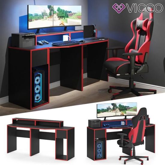 Bureau gamer VICCO Kron - Noir/Rouge - Bureau informatique en angle avec étagères et tiroir