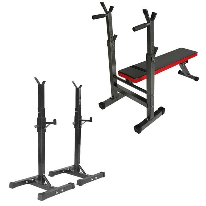 Banc de Musculation Banc d'Entraînement Pliable avec Support pour Haltère et Station à Dips, Hauteur Réglable (Sans haltères)