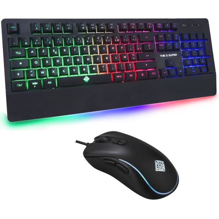 Clavier Gamer AZERTY Rétroéclairé - Souris Gamer RGB , Ensemble Gaming 3 en 1- Tapis de Souris Antidérapant - Pour PC, PS4, Mac