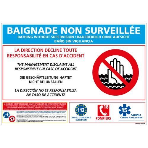 Panneau BAIGNADE NON SURVEILLÉE - PVC 1,5 mm - Adhesif au dos - Dimensions 300x210 mm