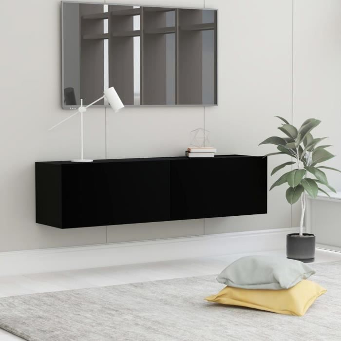 Meuble TV Mural Design Tendance Contemporain - Avec 2 Portes Abattantes - Noir Aggloméré - 120x30x30 cm