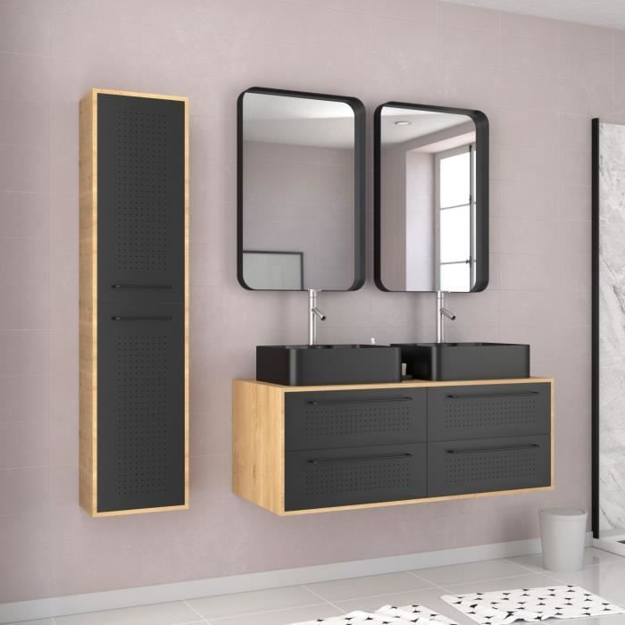 Meuble de salle de bain caisson finition chêne naturel + 2 vasques noir mat + 2 miroirs + colonne - UBY 120cm
