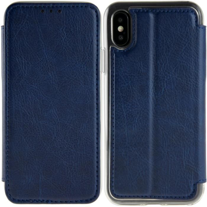 Coque iPhone X/XS - Housse aspect cuir vieilli Porte CB Fonction support vidéo - Bleu - AVSCASE