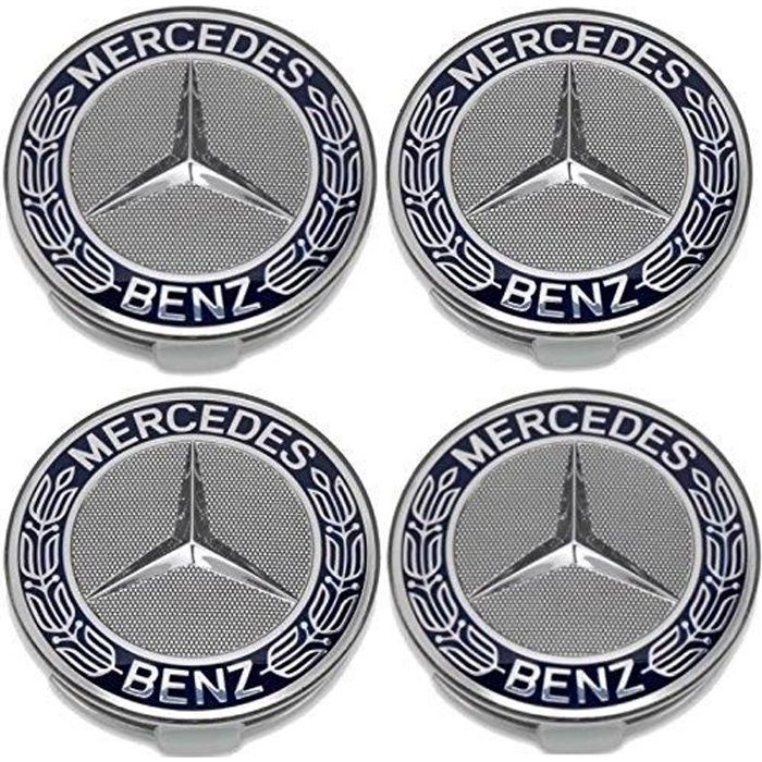 A1714000125 5337 Lot De 4 Caches Moyeu De Roue Motif Mercedes-Benz Étoile Avec Couronne De Laurier, Bleu, Diamètre 75mm Pour Classe