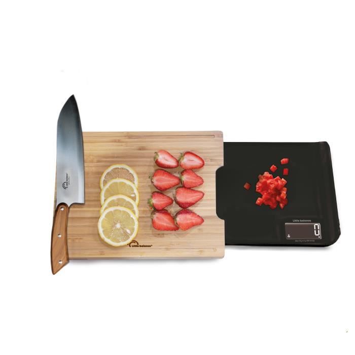 LITTLE BALANCE 8399 Chef 5 Trio USB, Balance de cuisine sans pile, Rechargeable USB, 3 en 1 : Coupez, pesez, versez, 5 kg/1g, Bambou