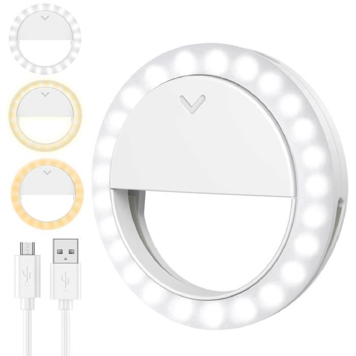 Selfie Lumière Anneau, 40 LED Light Ring USB Rechargeable, Lumière chaude/lumière froide/lumière naturelle 3 modes, Luminosité régl