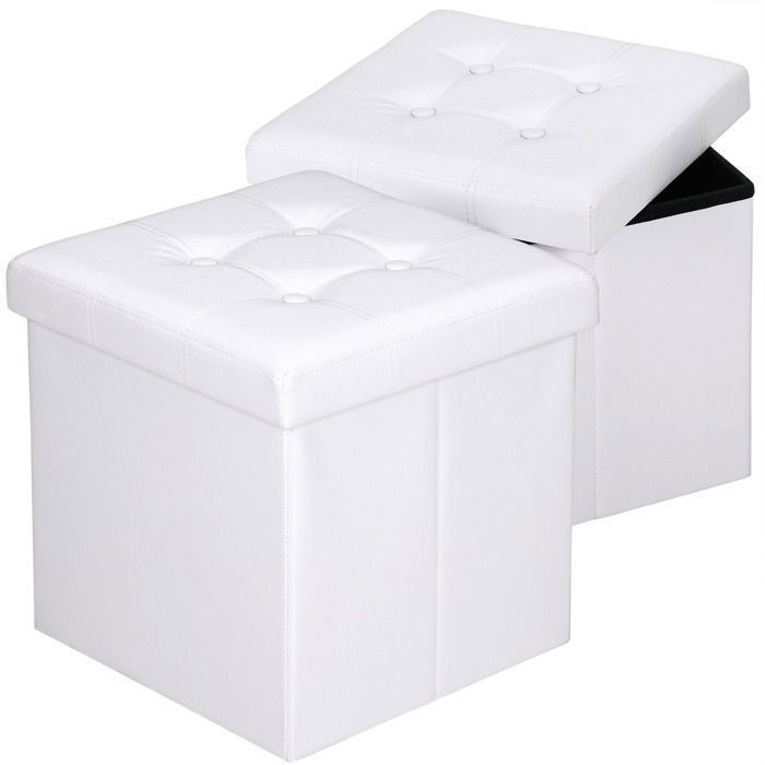 CASARIA® 2x Tabouret cube blanc avec espace de rangement Pouf 38 x 38 x 38 cm Coffre de rangement similicuir Repose-pied
