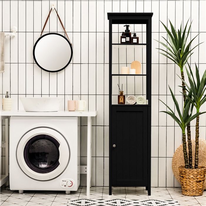Meuble Colonne de Salle de Bain Armoire de Rangement avec 3 Étagères Anti-basculement Panneau Réglable à 3 Positions Noir
