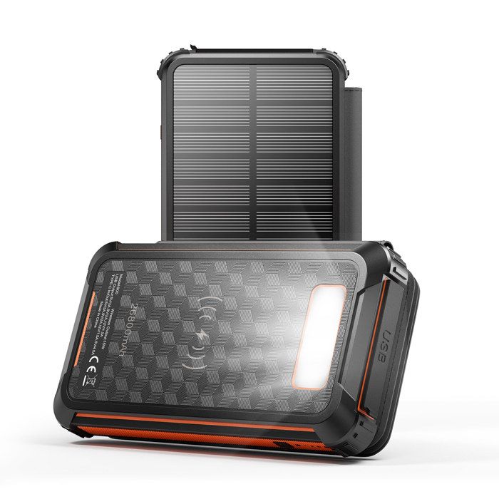 Batterie Externe Solaire 26800 mAh Batterie Solaire Charge Rapide et Charge sans Fil avec 2 Sorties USB/Type C et Lampe de Poche