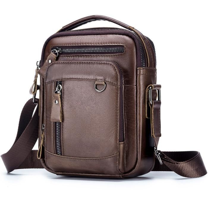 Sacoche Bandoulière Homme En Cuir Véritable MISWAN - Dimensions 20x8x17 Cm, Bandoulière Réglable 130 Cm - 6 Poches, Idéale Pour Travail, Voyage, Quotidien