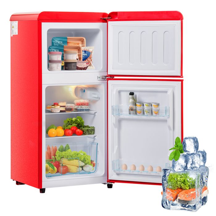 Mini Réfrigérateur Rétro avec Lumière LED2 Portes 102 kWh/an -27°C ∽ 13°C 22+60 Litres88.8x45.5x42.5cmRouge