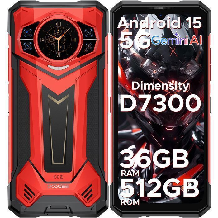 DOOGEE S200 Plus 5G AI Téléphone Portable Incassable 36Go+512Go/2TB11000mAh 66W Smartphone 6.72 FHD+120Hz100MP+20MP NFC - Rouge