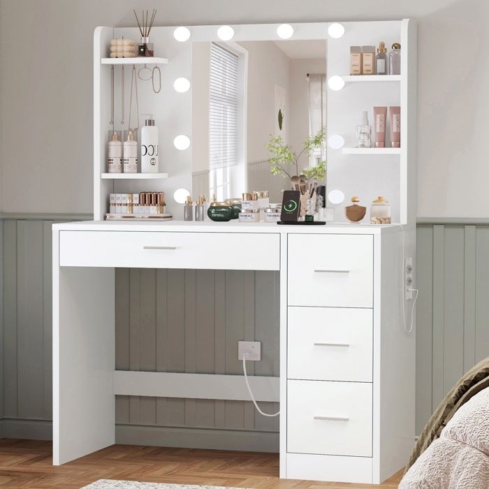 TEENFON Coiffeuse avec éclairage LED et 4 tiroirs Coiffeuse avec station de charge 85*40*135cmBlanc