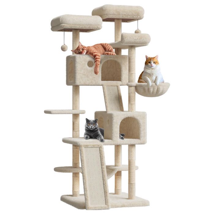 Comparer les prix de Arbre à Chat Hauteur - LUNSY - 165 cm, Tour de Jeux pour Chat, 3 Plateformes,1 Hamac, 2 Pompons, en Tissu Peluche, 2204, blanc