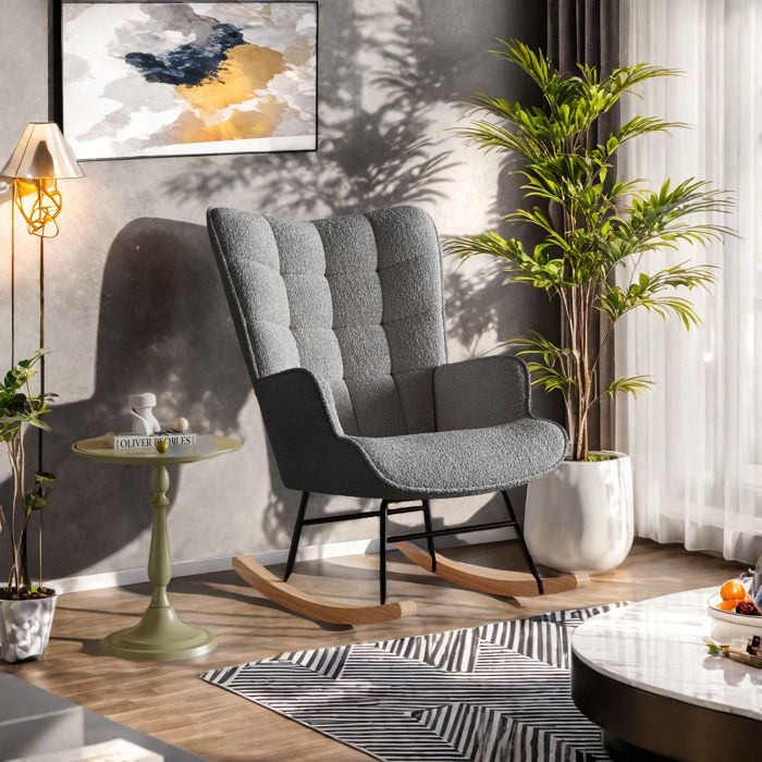 Fauteuil à bascule scandinave 1 place - Velours Teddy gris foncé bois massif & cadre métal
