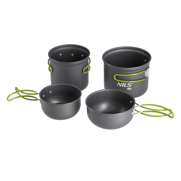 Ensemble de vaisselle de camping - NILS CAMP - NC1767 - 2 casseroles - 2 bols - Aluminium anodisé - Poignées pliables