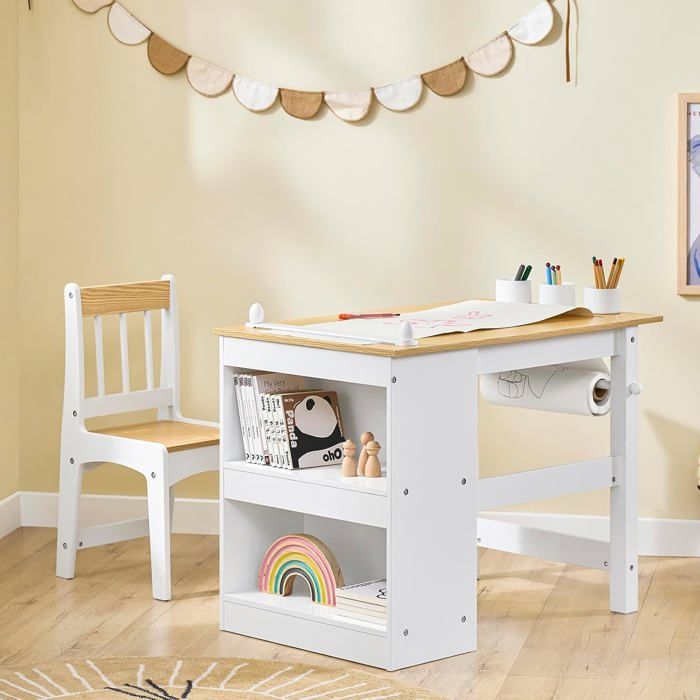Table Enfant avec Chaise - SoBuy - 2 Étagères - Porte-Papier - Blanc-Naturel - 80x50x66 cm