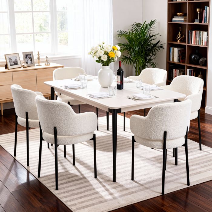 Lot de 6 Chaises de Salle à Manger - Assise Rembourrée - Pieds Métal - Scandinave - Blanc