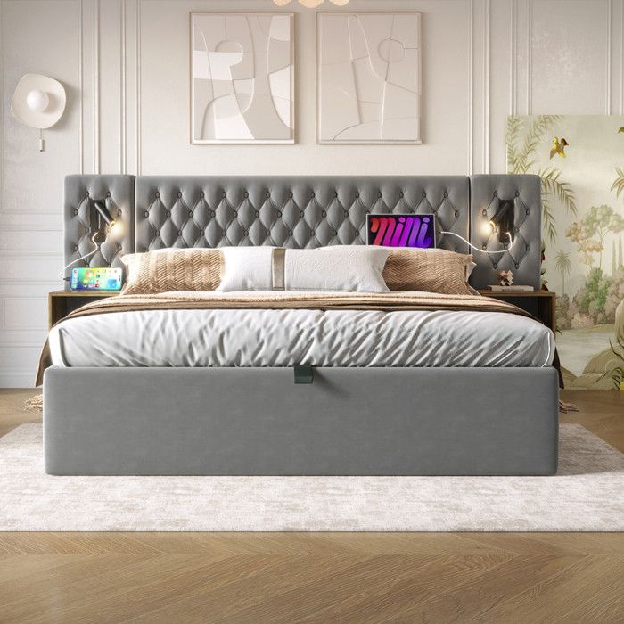 Lit rembourré double 160x200cm tables de chevet lampe de chevet avec port USB lit coffre Sommier à lattes Velours gris