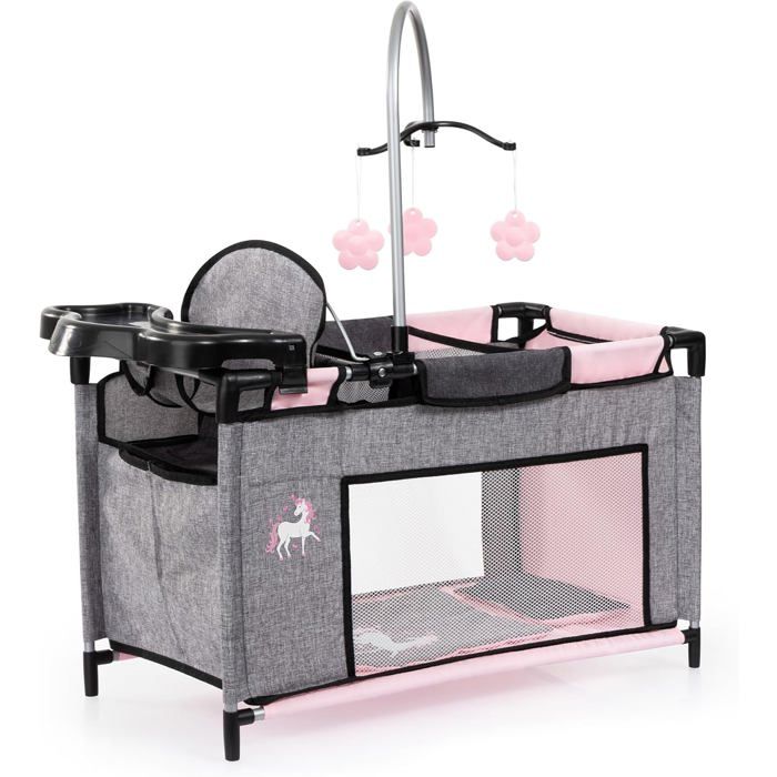 Lit de poupée - BAYER DESIGN - 62633AB - Chaise haute intégrée - Table à langer - Mobile (Gris/Rose)