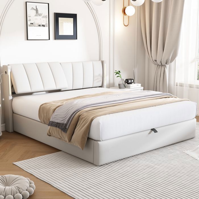 Lit double rembourré - cuir PU - LED - coffre de rangement - 140x200 cm - tête de lit réglable port USB Blanc Lit double rembourré - cuir PU - LED - coffre de rangement - 140x200 cm - tête de lit réglable port USB Blanc