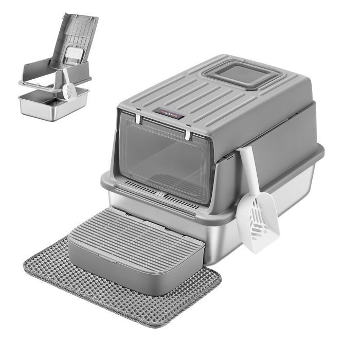 Comparer les prix de Bac à Litière pour Chat en Acier Inoxydable avec Couvercle Pelle Tapis pour Litière et 2 Entrées pour Chats Jusqu’à 15 kg