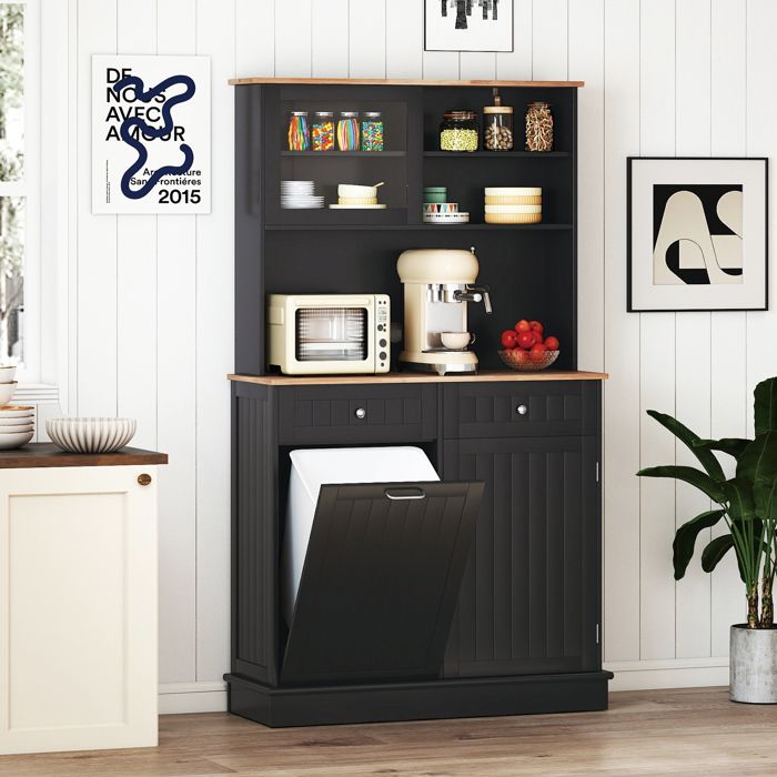 Buffet de Cuisine COSTWAY à Double Poubelle Inclinable 38L Comptoir en Bois dHévéa Étagères Réglables Armoire de Rangement Noir