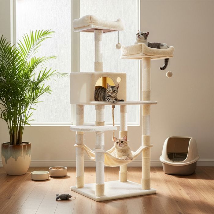 Comparer les prix de Arbre à Chat 143 cm Tissu Peluche 11 Poteaux à Griffer 2 Pompons 2 Plateformes 1 Hamac1 Niche Beige