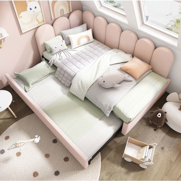 Lit simple enfant 90x200 cm. avec lit gigogne 90x190 cm. sommier tapissier métal. velours. sans matelas. rose