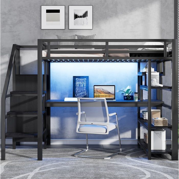 Lit mezzanine 140x200 cm avec escalier rangement. bureau intégré. penderie ouverte. LED et station USB. métal noir