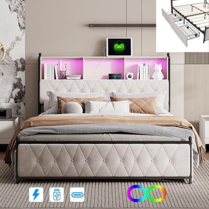 Lit double 160x200cm - ADWOLT - Lit capitonné - 4 tiroirs - LED et USB - Velours Beige
