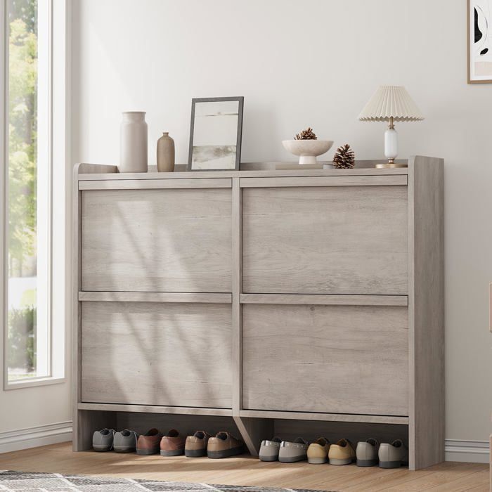Meuble à chaussures en bois - LUNSY - 4 tiroirs abattants - 120x26x93 cm - Gris - Capacité 24-32 paires