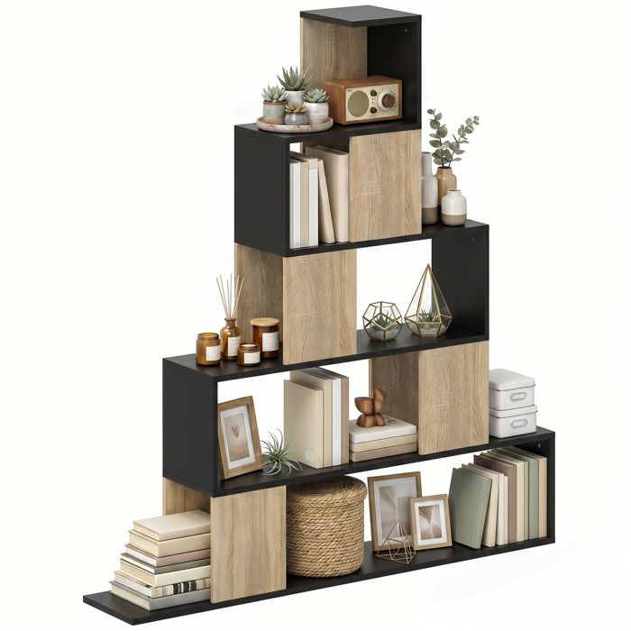 Étagère de rangement - HOMCOM - bibliothèque géométrique à 5 niveaux - bois - 120 x 22 x 1315 cm - noir et bois naturel