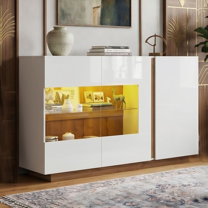 Sideboard Blanc Hochglanz 138x38x90.5cm  Vitrine Lumineuse LED RGB Smart  Meuble de Rangement Salon Cuisine avec Verre Commode