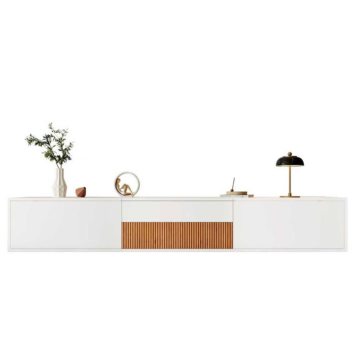 Meuble TV - HIBA - Grand Meuble TV Bas 180x34x30 cm - Support projecteur rétractable - Multi-rangements - Aspect bois