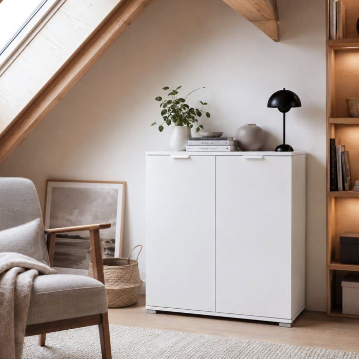 Meuble bas - THE WHITE STONE - Modèle 75×38×85 cm - 2 portes - Étagères réglables - Livré monté Meuble bas - THE WHITE STONE - Modèle 75×38×85 cm - 2 portes - Étagères réglables - Livré monté