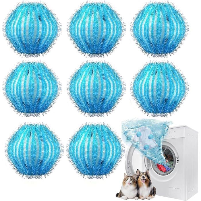 Lot de 8 attrape-poils pour machine à laver élimine les peluches et les fils réutilisables pour vêtements et linge de lit.