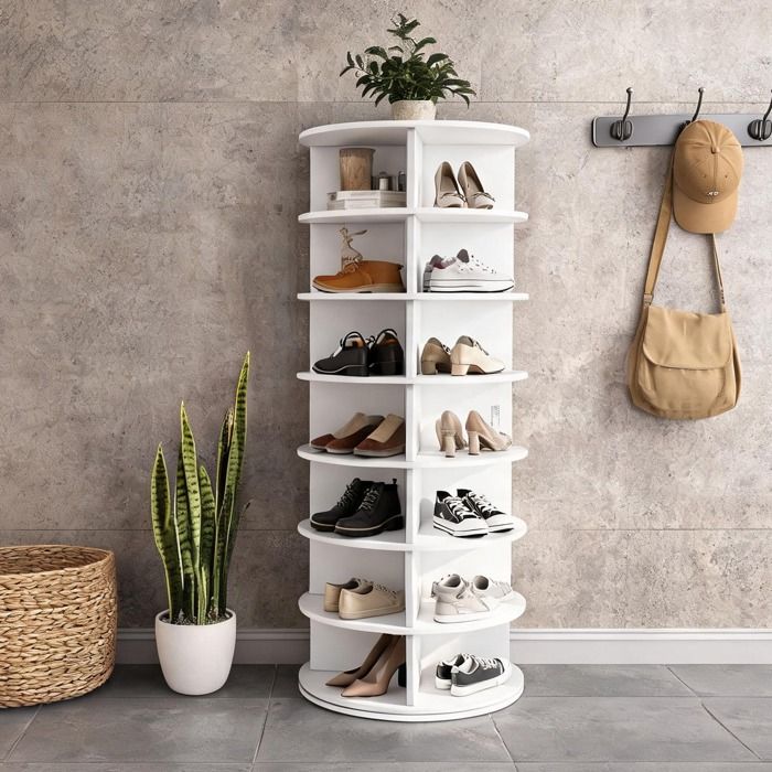 Meuble étagère à chaussures rotative 360° en PVC blanc mat – Capacité 28 paires – 60 x 60 x 161 cm
