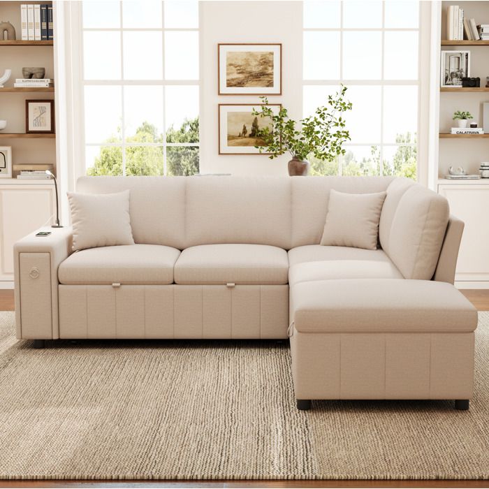Canapé dangle convertible avec couchage USB Type-C et lampe de lecture - TCQPZ - en lin beige 213 × 184 × 88 cm