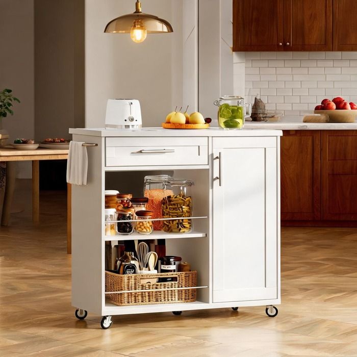 Îlot de cuisine mobile 90x62x90 cm clean white avec tiroir et placard imitation marbre