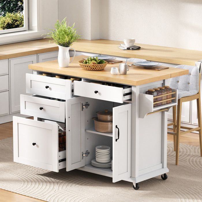 Îlot de cuisine roulant avec table à manger extensible et tiroirs multifonctions blanc
